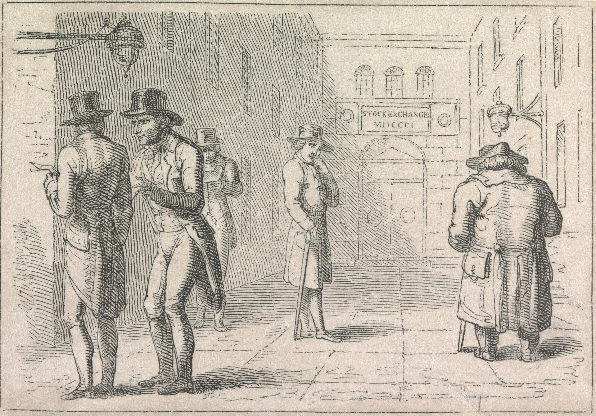 Grabado de 1801: comerciantes conversando ante la puerta de la Bolsa de Londres